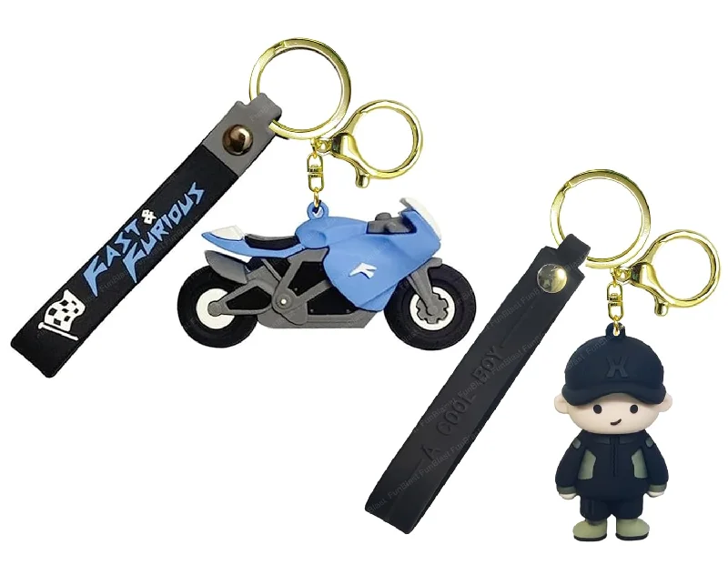 Premium Quality 3D Bike and Boy Keychain with (Self Adhesive Hook) (Random colour)