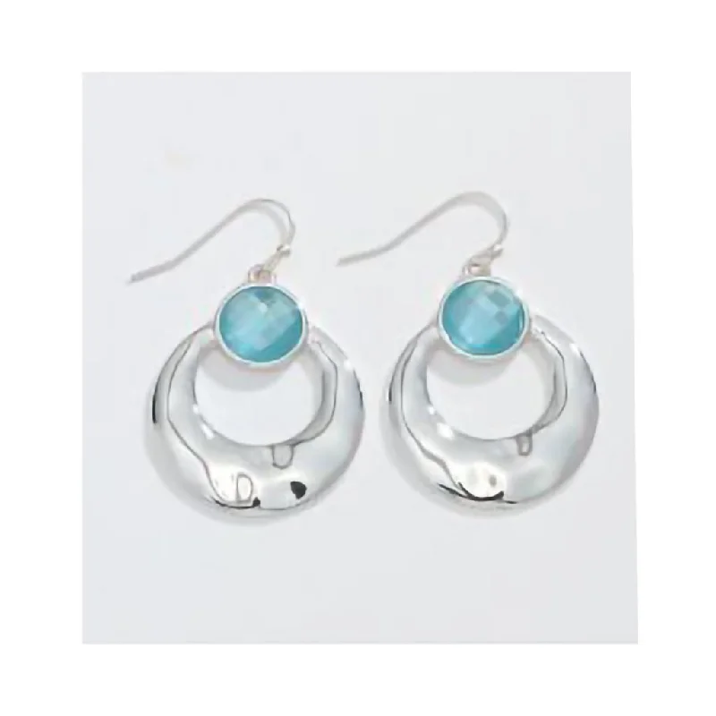 Periwinkle by Barlow :  Hammered Silver Drop With Faceted Aqua Crystals - Earrings