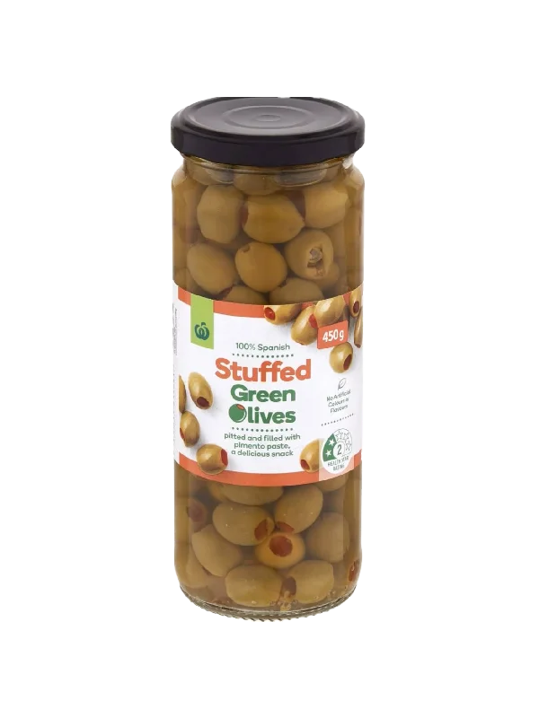 WOOLWORTHS GREEN STUFFED OLIVES 450G