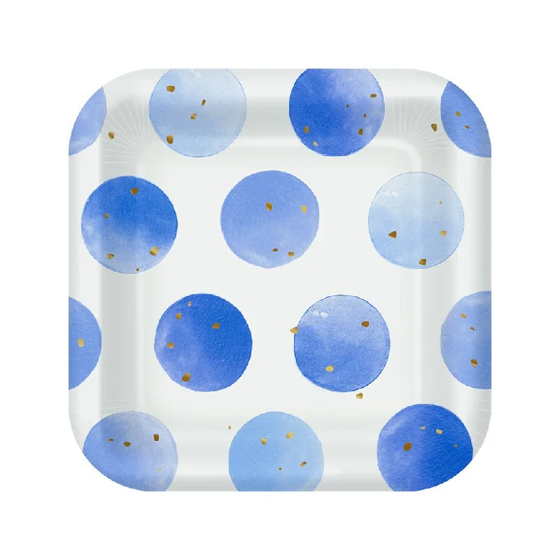 Hallmark : Blue Watercolor Dots Square Dessert Plates, Set of 8