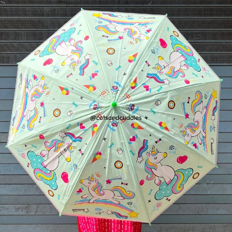 Premium Quality Theme Printed Umbrella For Kids (Unicorn Green)