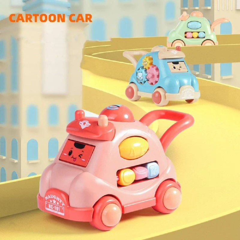 7 in 1 Colorful Musical Press and go car with Push handle, Rotating beads, Face changing and more