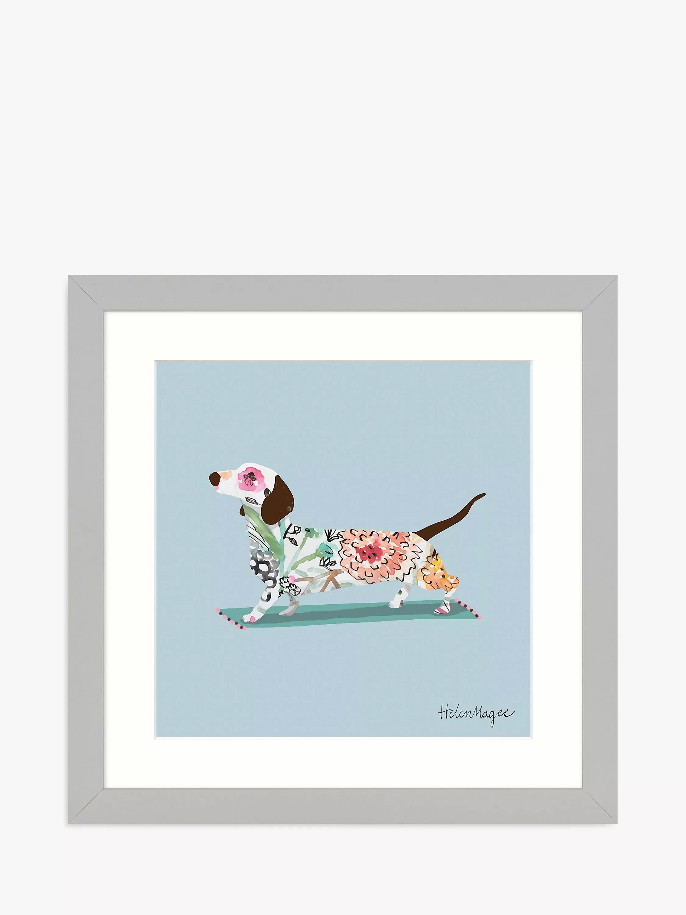 John Lewis Helen Magee 'Sausage Dog' Framed Print & Mount, 33.5 x 33.5cm, Blue/Multi