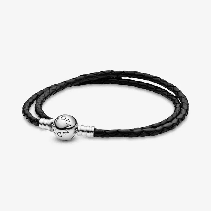 PANDORA : Pandora Moments Double Black Leather Bracelet