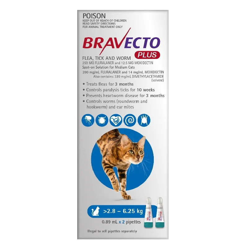 Bravecto Plus Spot-On Flea Tick and Worming Treatment for Medium Cats 2 Pack