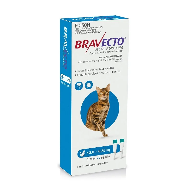 Bravecto Spot-On 3 Monthly Flea Treatment for Cats 2.8-6.25kg Blue